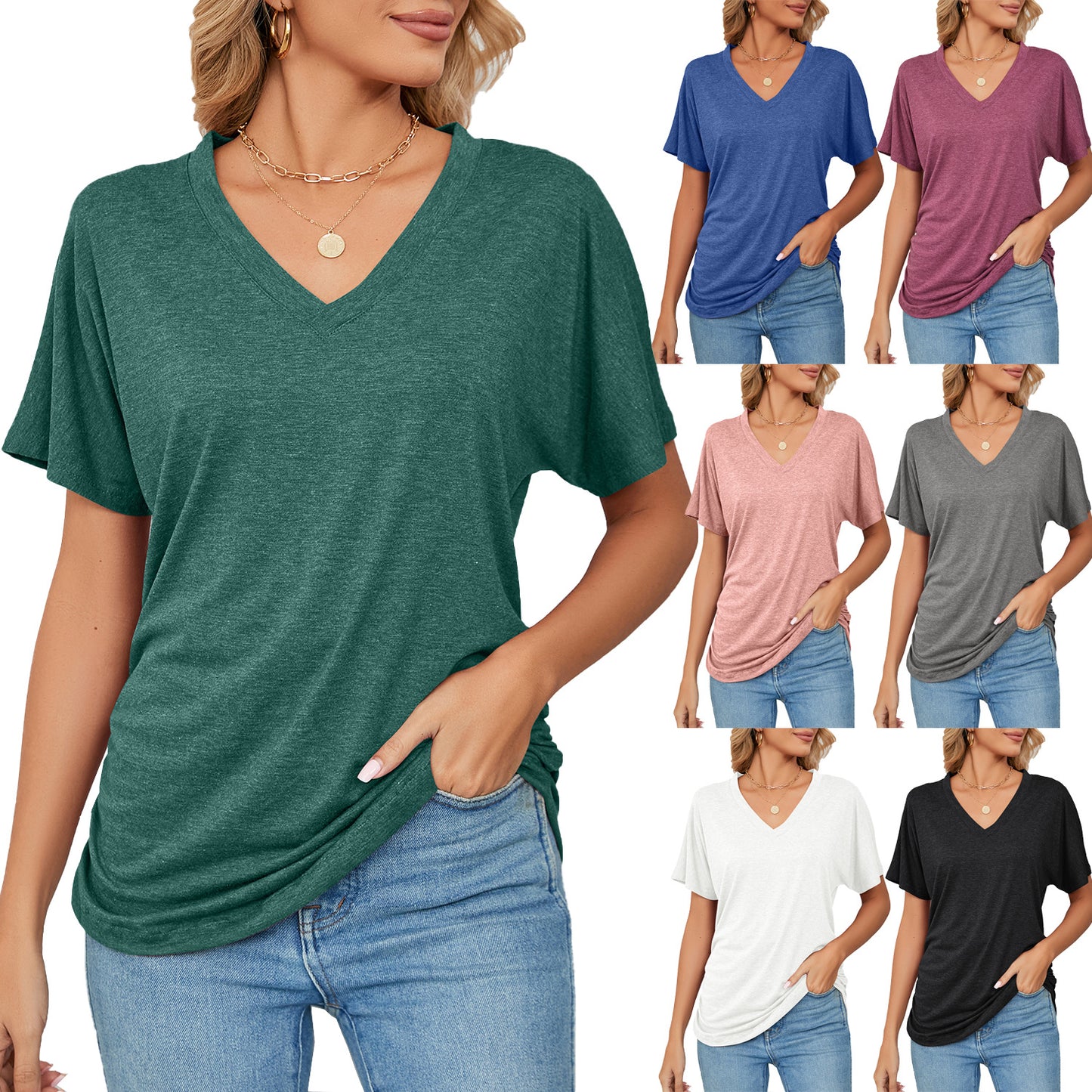 Women's Summer Leisure Pullover V-neck Solid Color Blouses