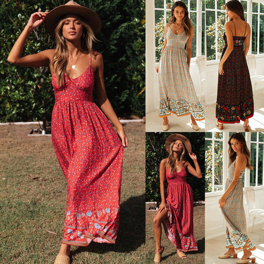 Women's Summer Large Swing Bohemian V-neck Floral Dresses