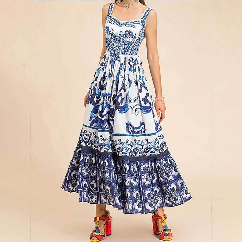 Women's Printed Sleeveless Pleated Waist Tight Ruffled Dresses