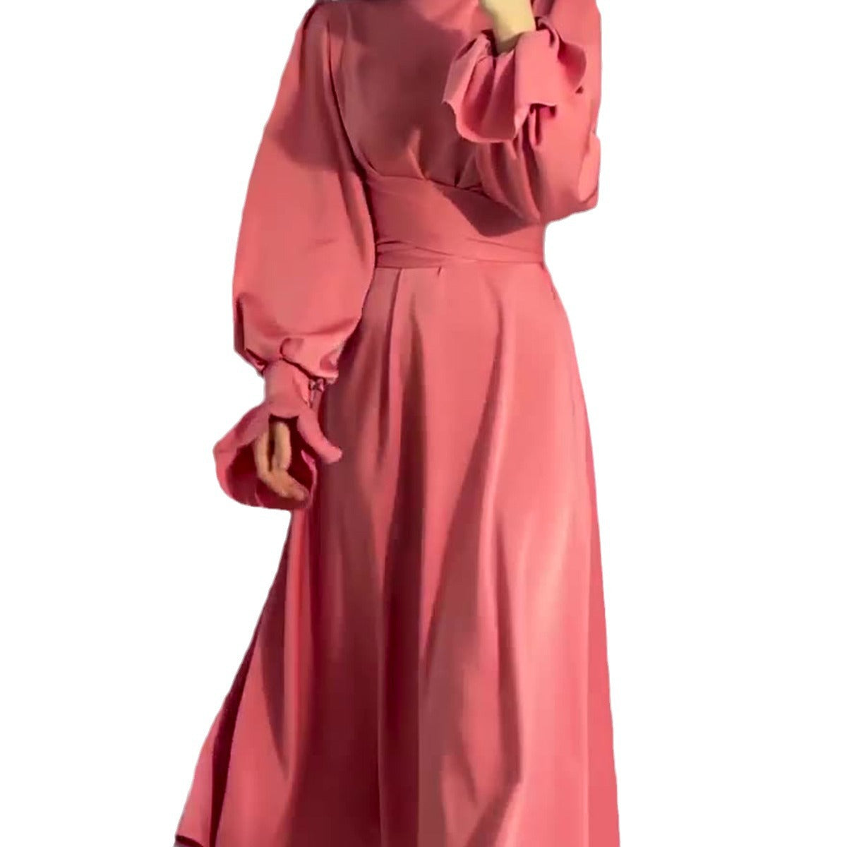 Long Sleeve Waist Puff Solid Color Dresses