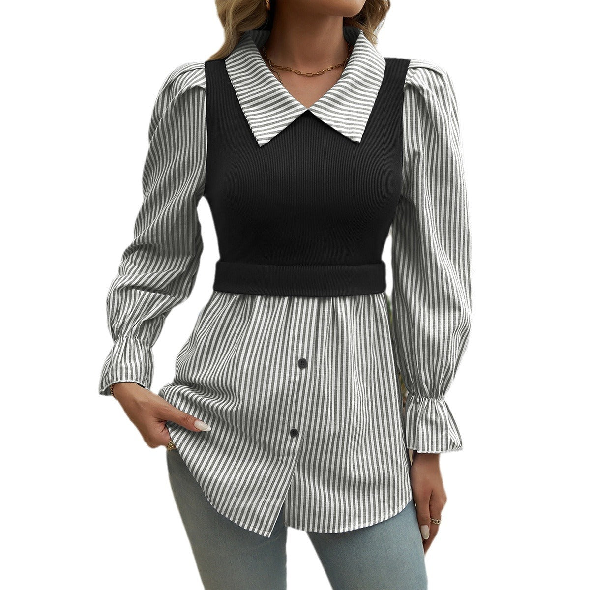 Women's Puff Sleeve Temperament Leisure Color Contrast Blouses