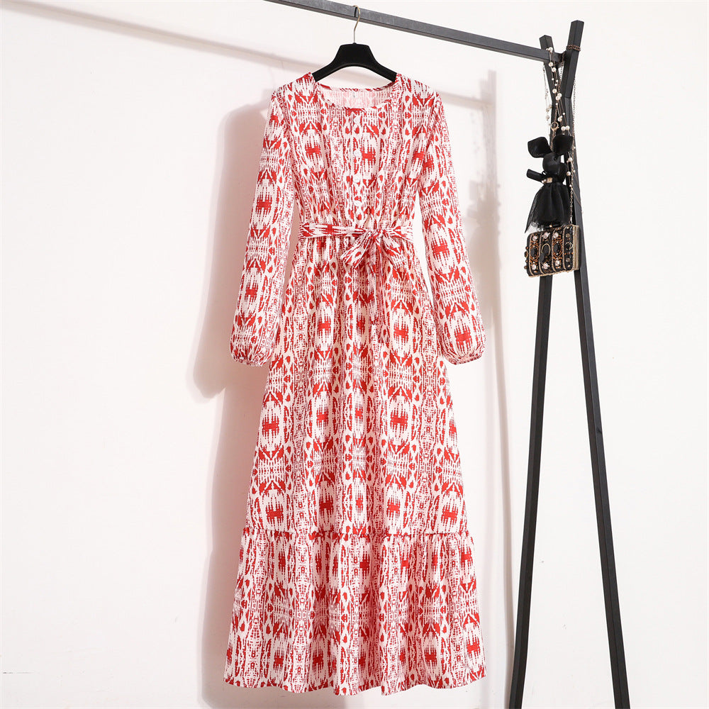 Women's Vintage Floral Long Sleeve Dress Waist Dresses