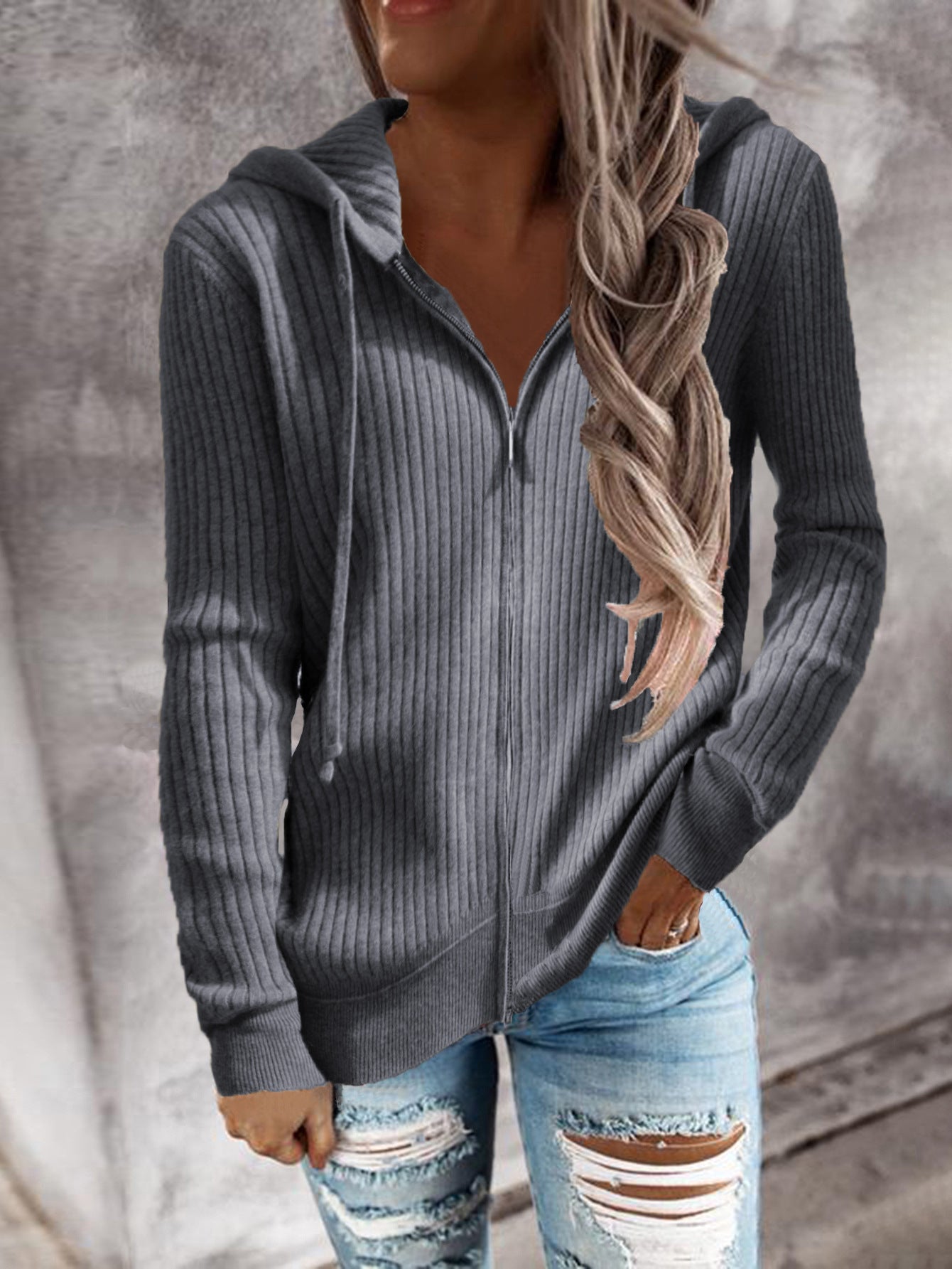 Women's Striped Casual Loose Zipper Long Sleeve Hooded Sweaters