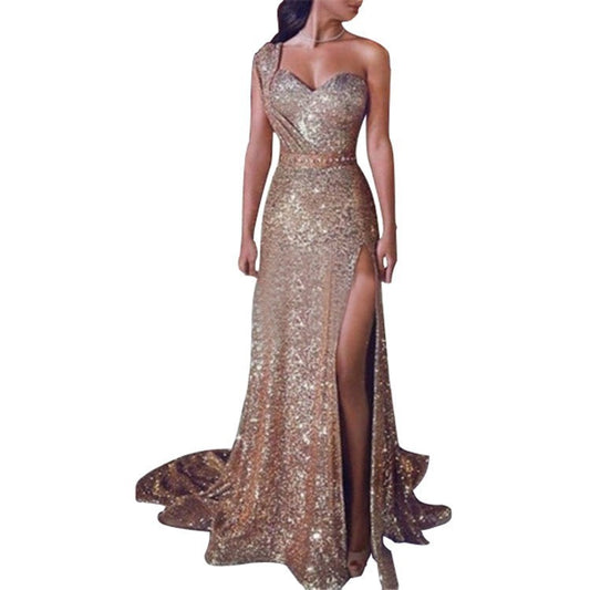 Women's Banquet Temperament Sexy One-shoulder Long Gilding Dresses