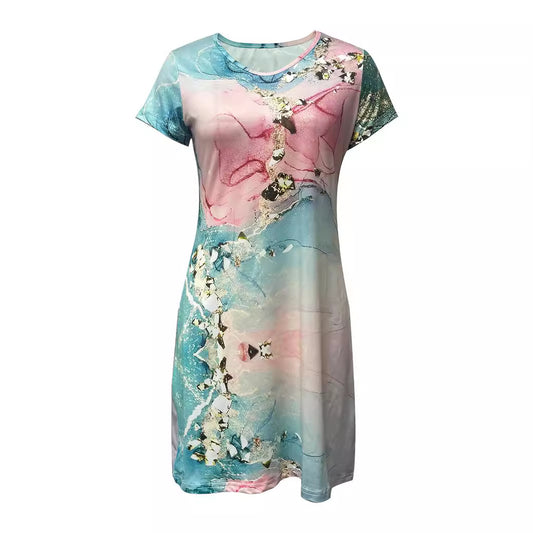 Printing Elegant Sleeve Round Neck Mid-length Dresses