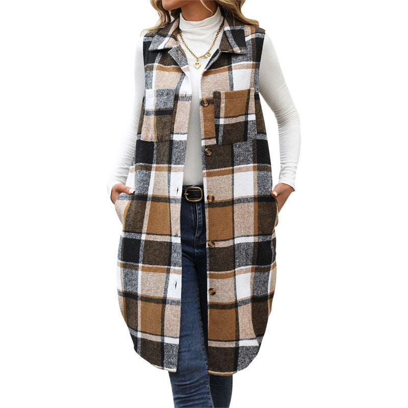 Women's Pretty Autumn Lapel Long Plaid Vests