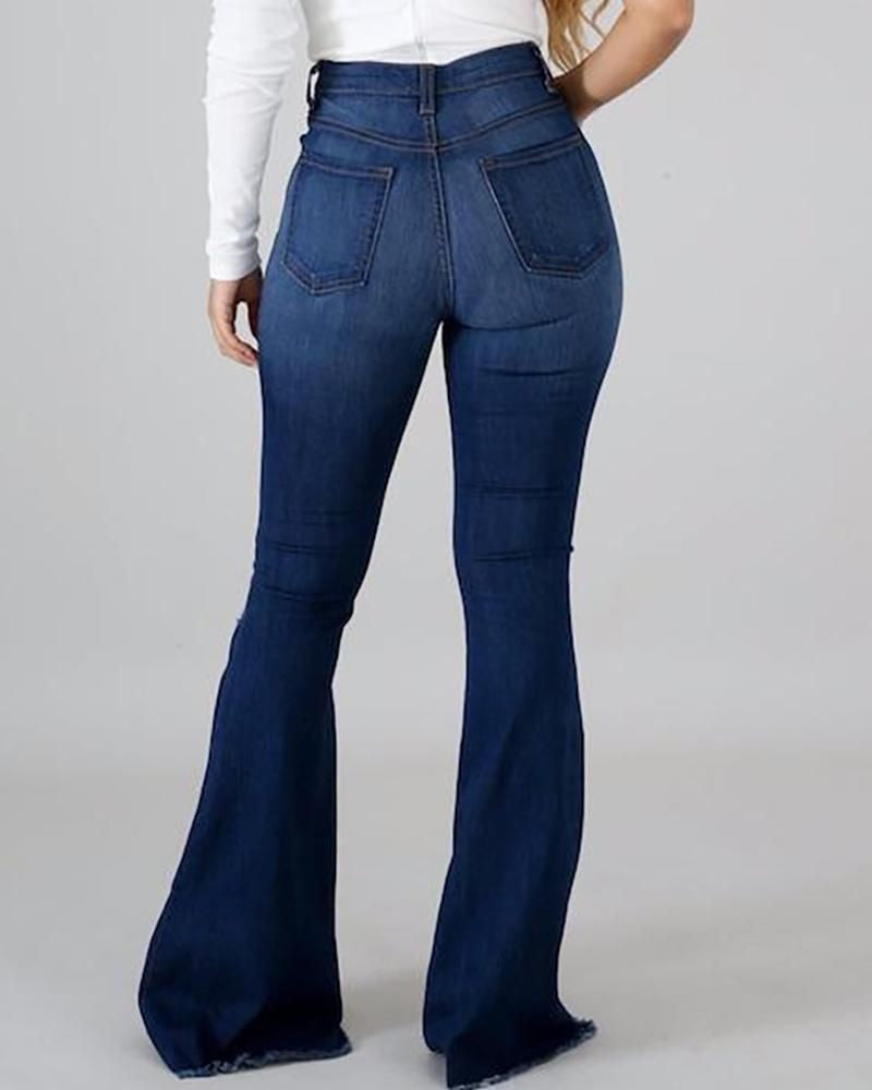 Unique High Elastic Ripped Waist Flared Pants