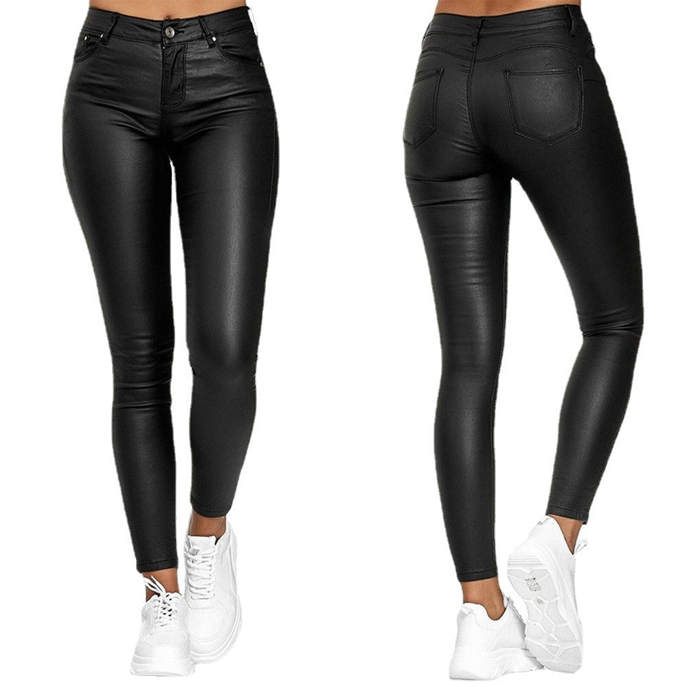 Women's High Waist Pure Color Leather Casual Skinny Pants