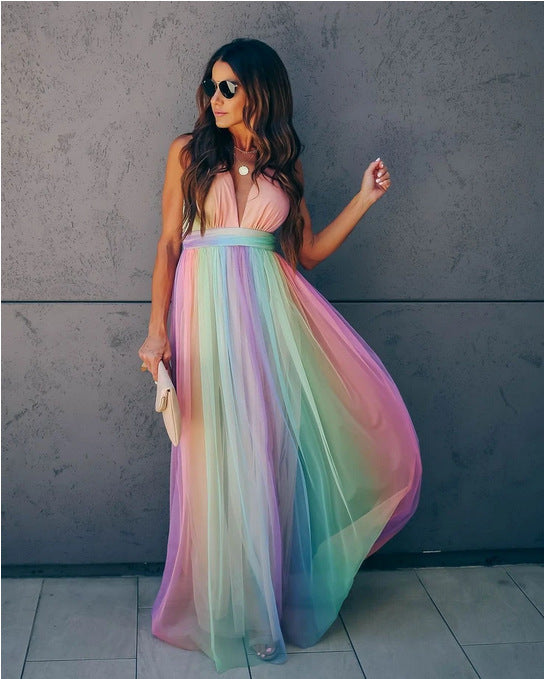 Women's Sexy Suspenders Deep V Rainbow Mesh Dresses