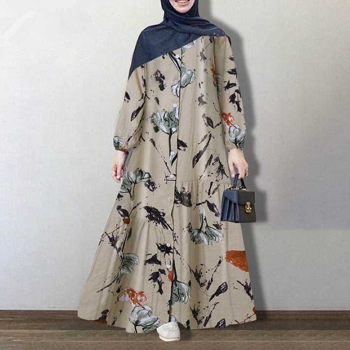 Women's Muslim Clothes Stitching Robe Cotton Long Dresses