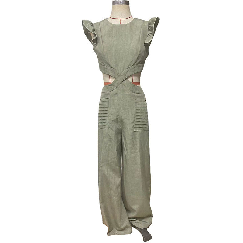 Summer Round Neck Ruffled Loose Trousers Jumpsuits