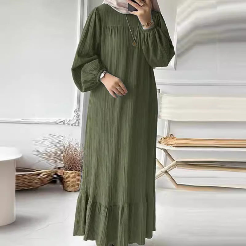 Women's Muslim Wear Robe Fashion Puff Sleeve Vintage Pocket Clothing