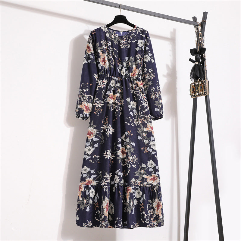 Women's High Waist Long Retro Chiffon Printed Floral Round Neck Dresses