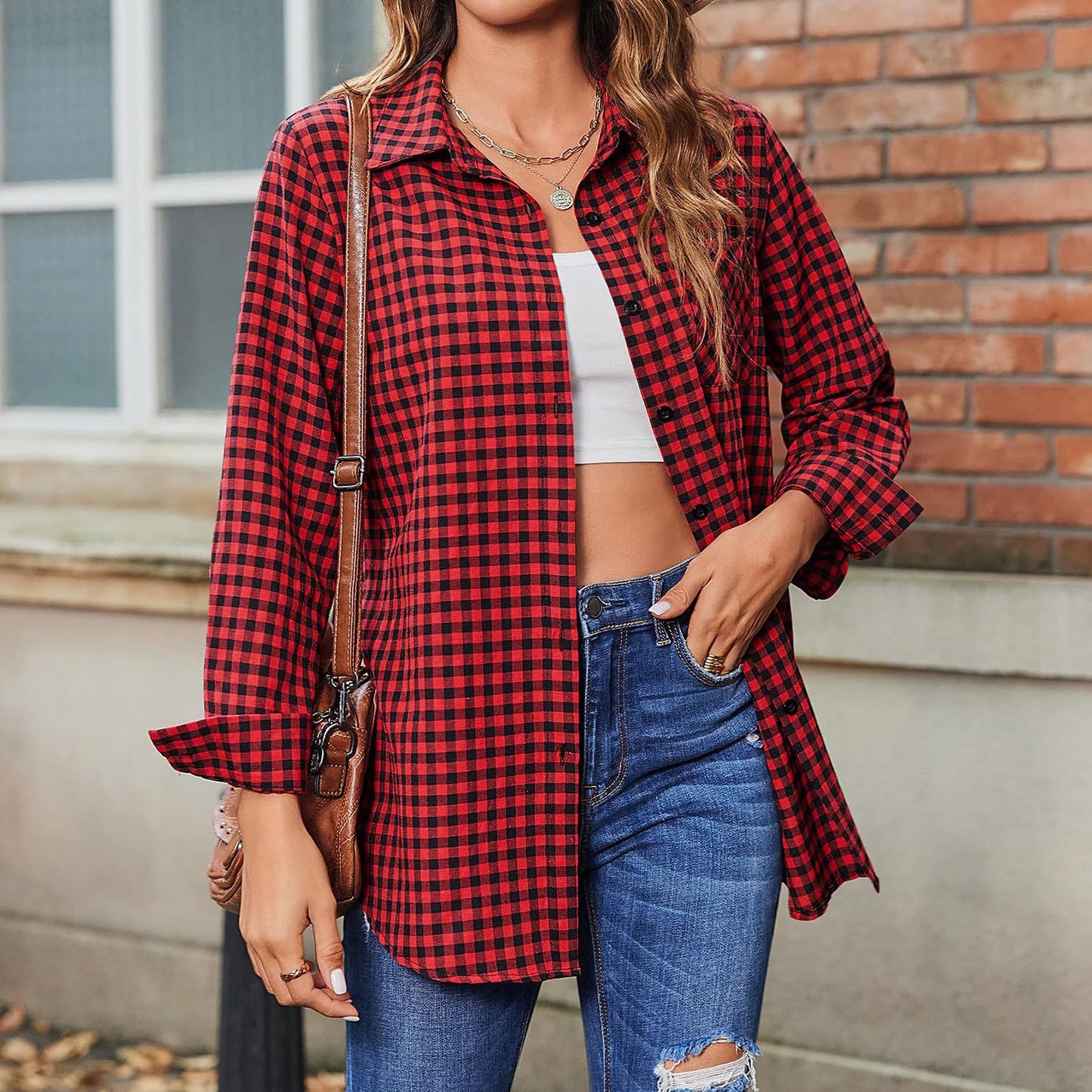 Women's Printed Plaid Shirt Lapel Loose Blouses