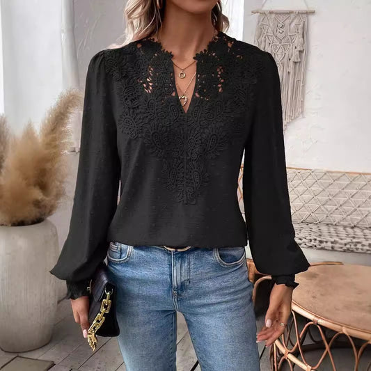 Women's Autumn Lace Stitching Solid Color Shirt Blouses