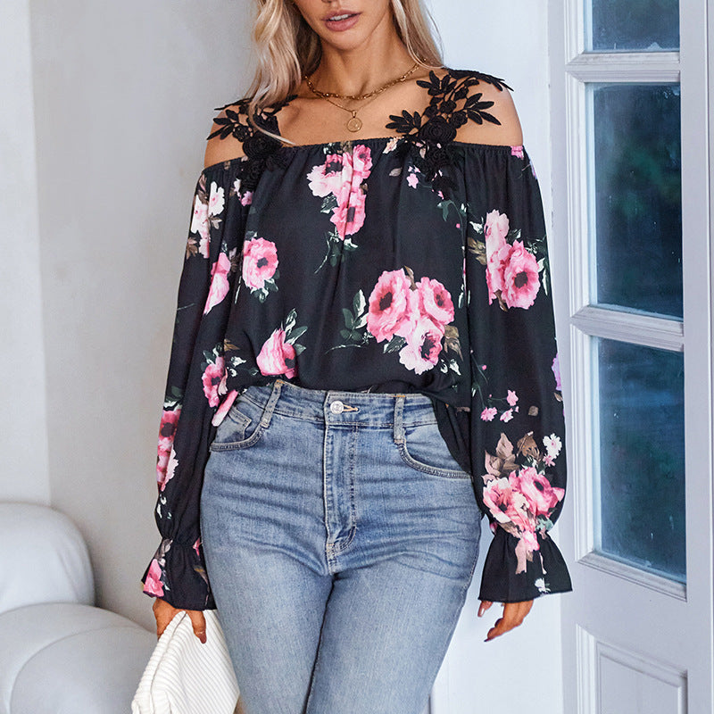 Women's Flower Print Stitching Lace Shirt Blouses