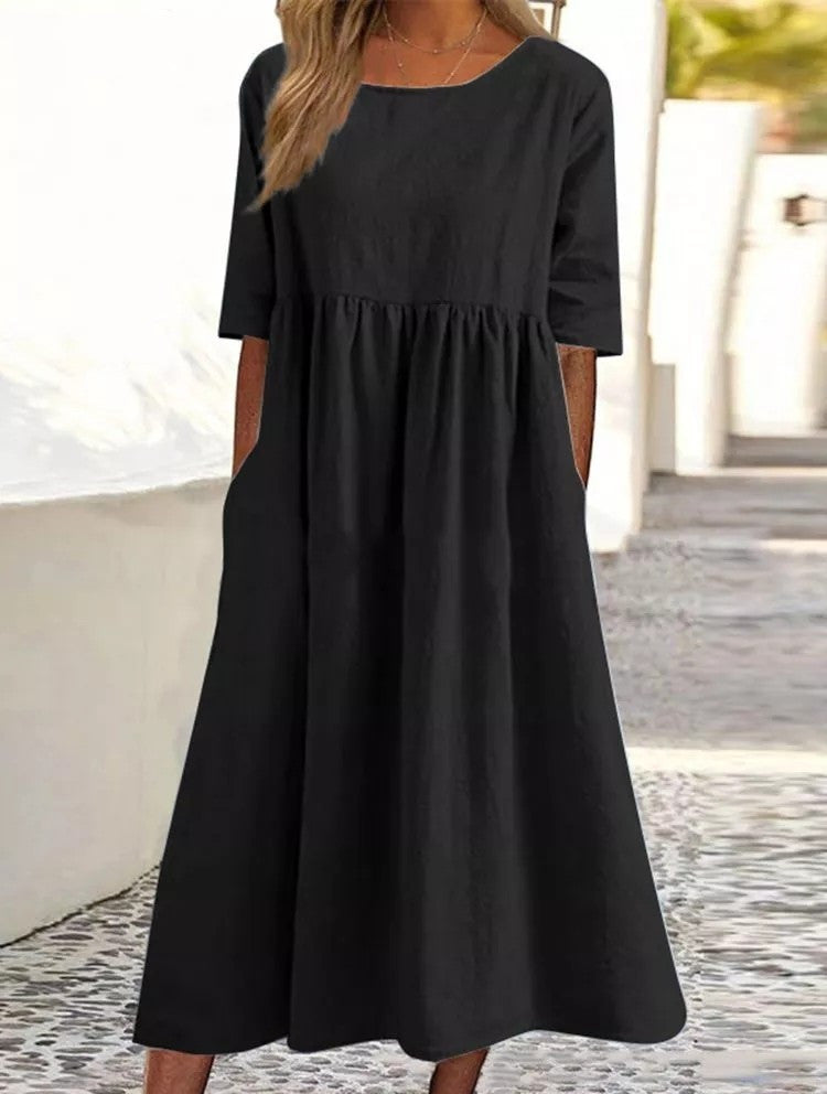 Sleeve Large Casual Loose Long Solid Color Cotton Dresses