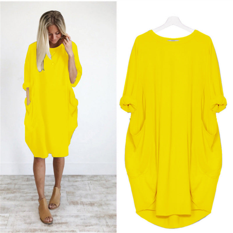 Women's Sleeve Round Neck Solid Color Loose Pockets Dresses