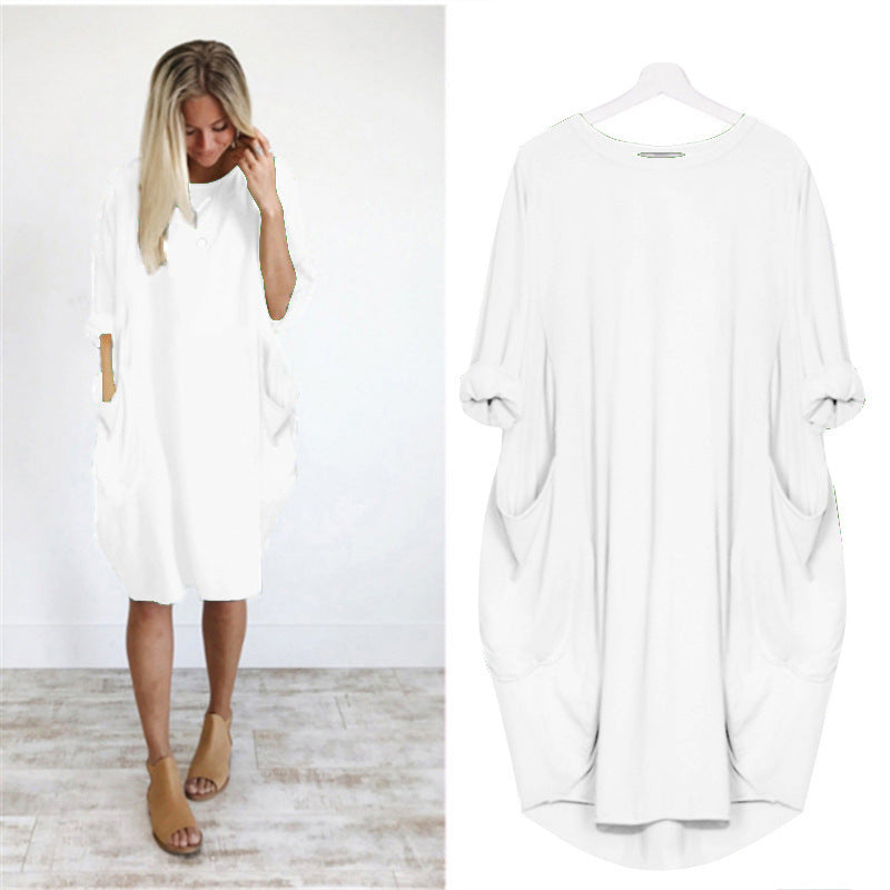 Women's Sleeve Round Neck Solid Color Loose Pockets Dresses