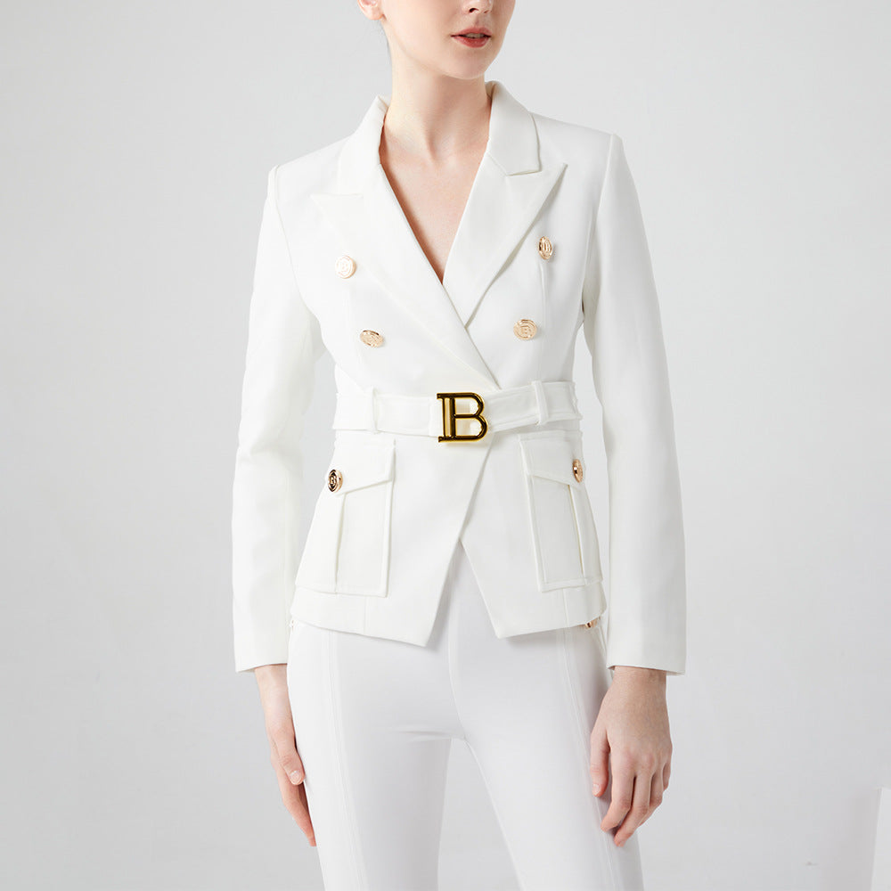 Women's White Two-color Pocket Slim Fit Small Blazers