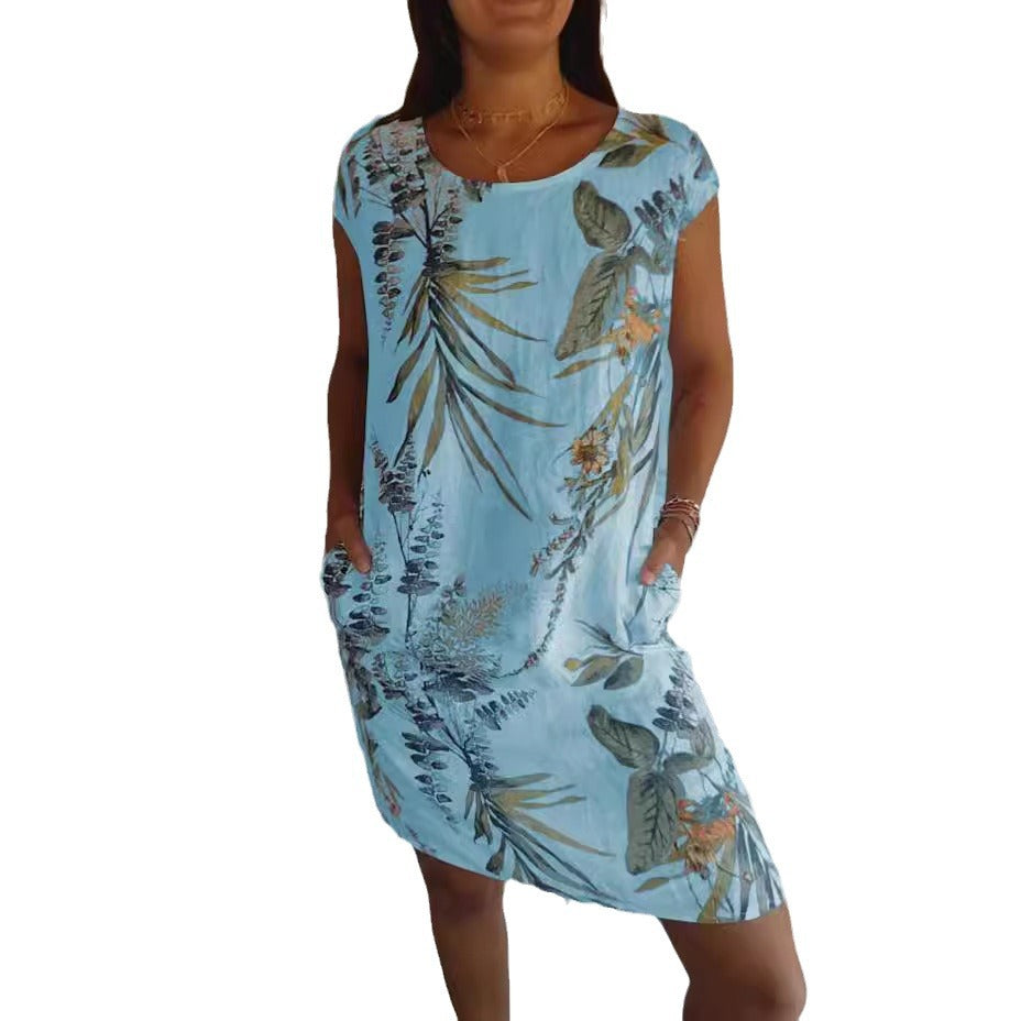 Women's Summer Cotton Linen Printed With Pockets Skirts