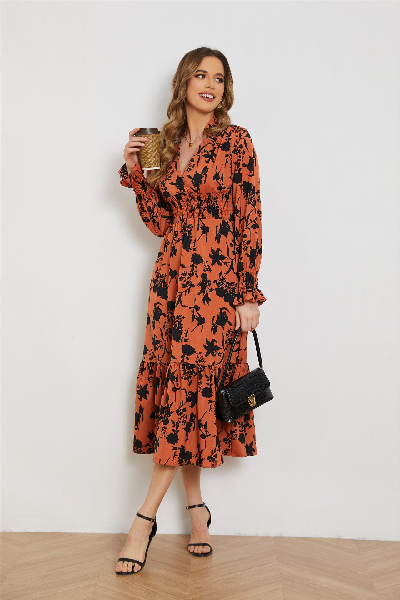 Women's Long Sleeve High Waist Floral Dress Dresses