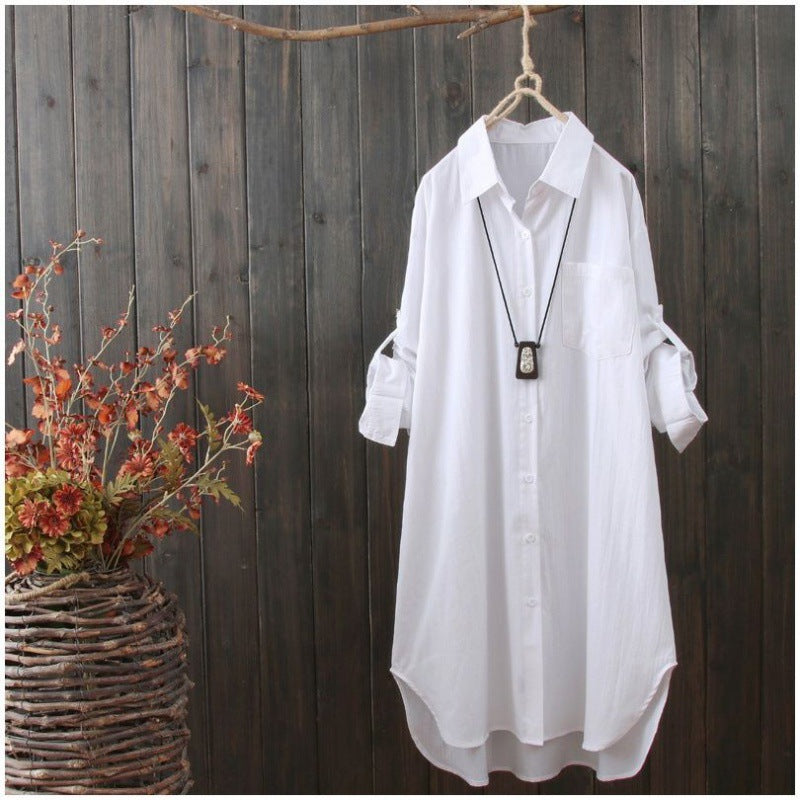 Women's Artistic Style Cotton White Long-sleeved Mid-length Loose Solid Blouses