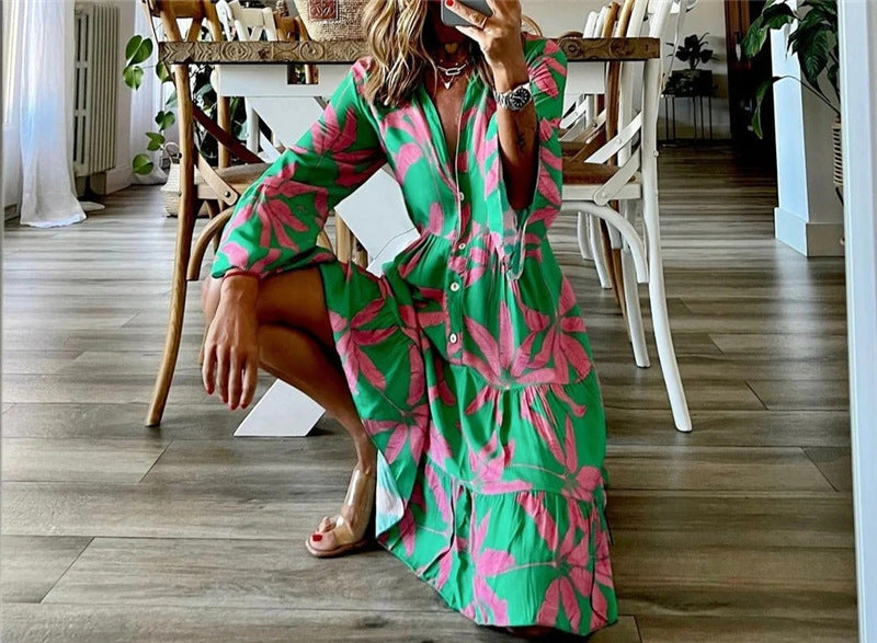 Women's Long Sleeve Printed Flare Mid-length Dress Dresses