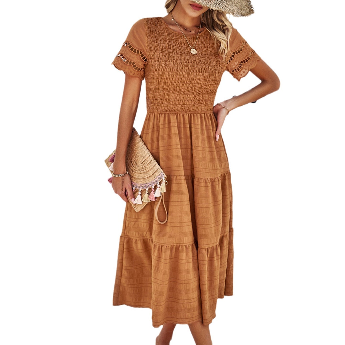 Women's Pure Color Temperament Smocking Hollow Dress Dresses