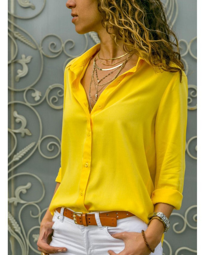 Women's Long-sleeved Deep V Button Chiffon Shirt Blouses