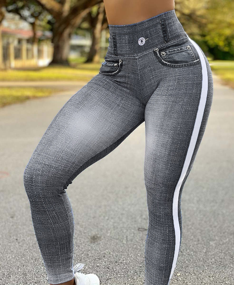 Women's High Waist Elastic Imitation Denim Fitness Leggings