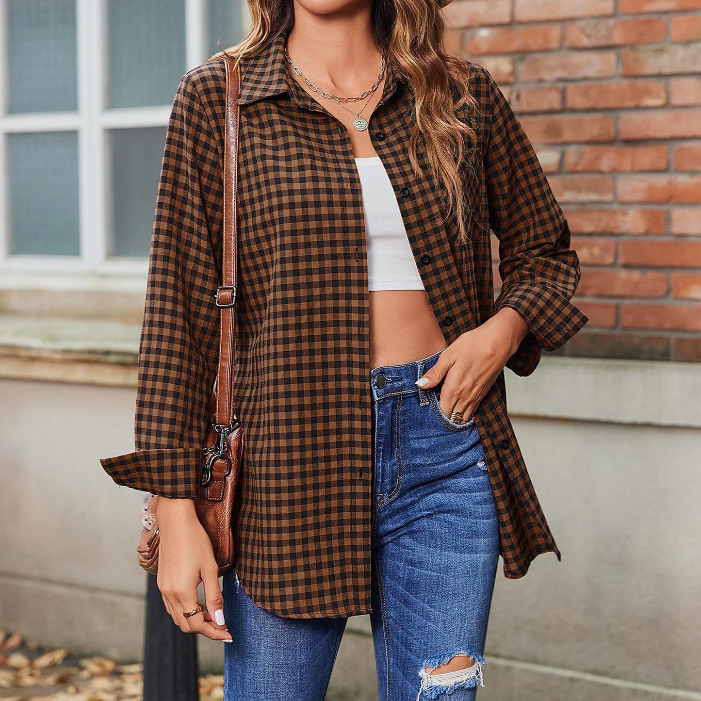 Women's Printed Plaid Shirt Lapel Loose Blouses