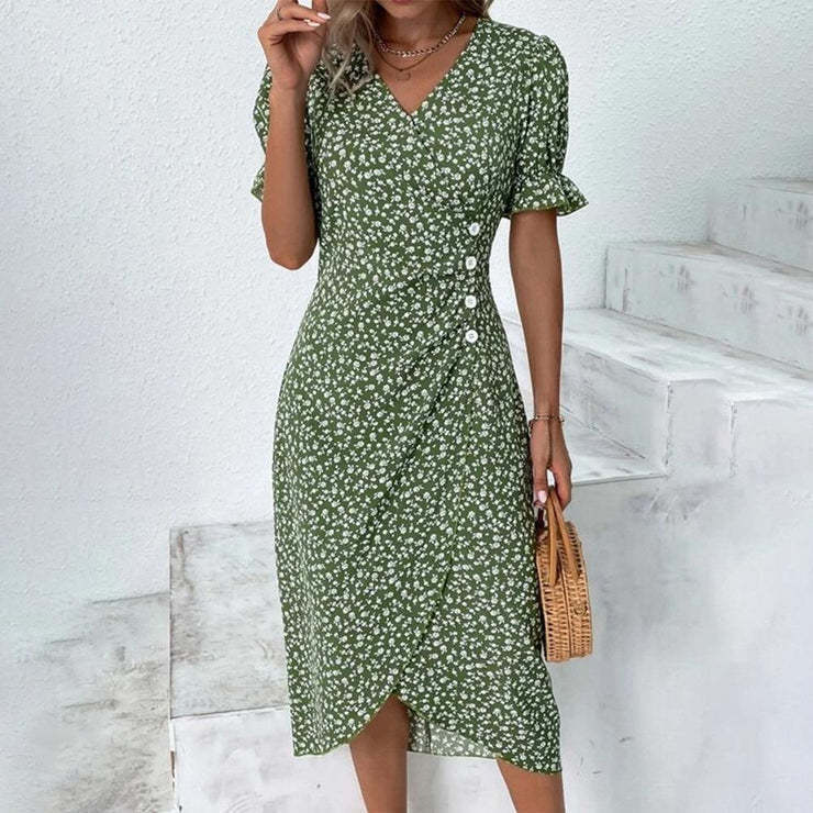 Summer Geometric Patchwork Puff Sleeve Irregular Dresses