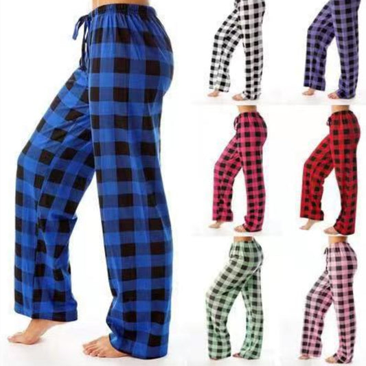 Women's Casual Stretch Plaid Pajama Draw Loose Rope Wide Leggings