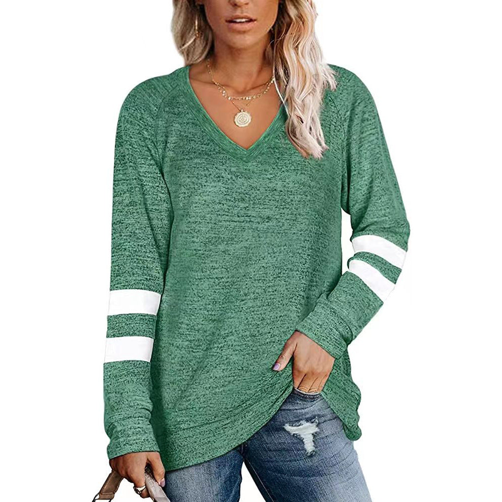 Women's Long Sleeve Color Patchwork V-neck Loose-fitting Casual Tops