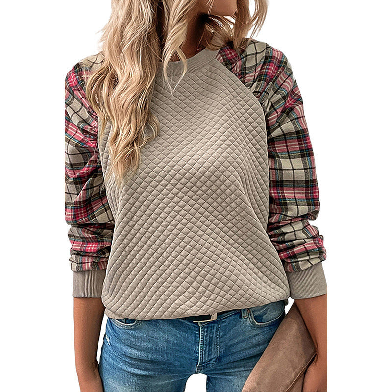 Women's Fashion Diamond Plaid Stitching Long Sleeve Crew Sweaters