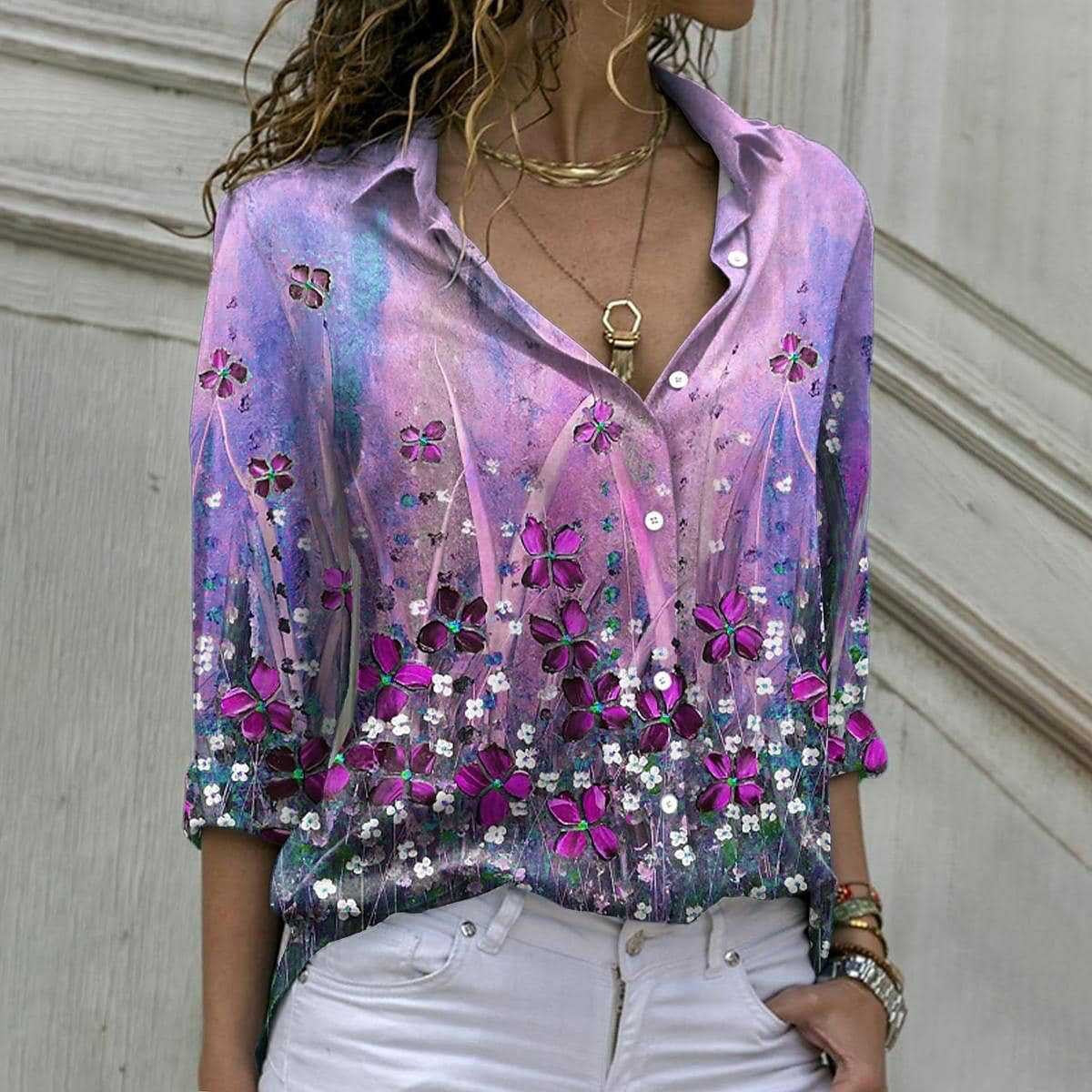 Flower Print Long Sleeve Lapel Shirt Blouses