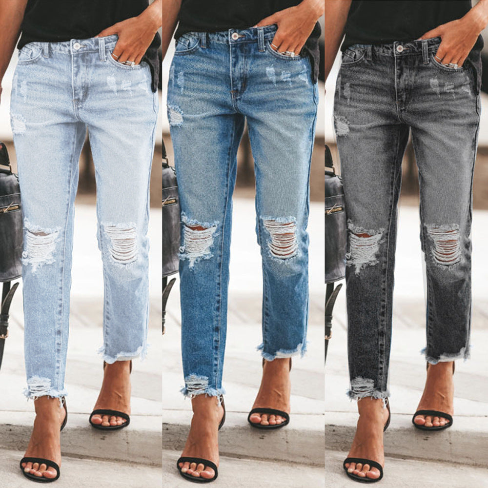 Women's Summer Denim Temperament Ripped Trousers Casual Jeans