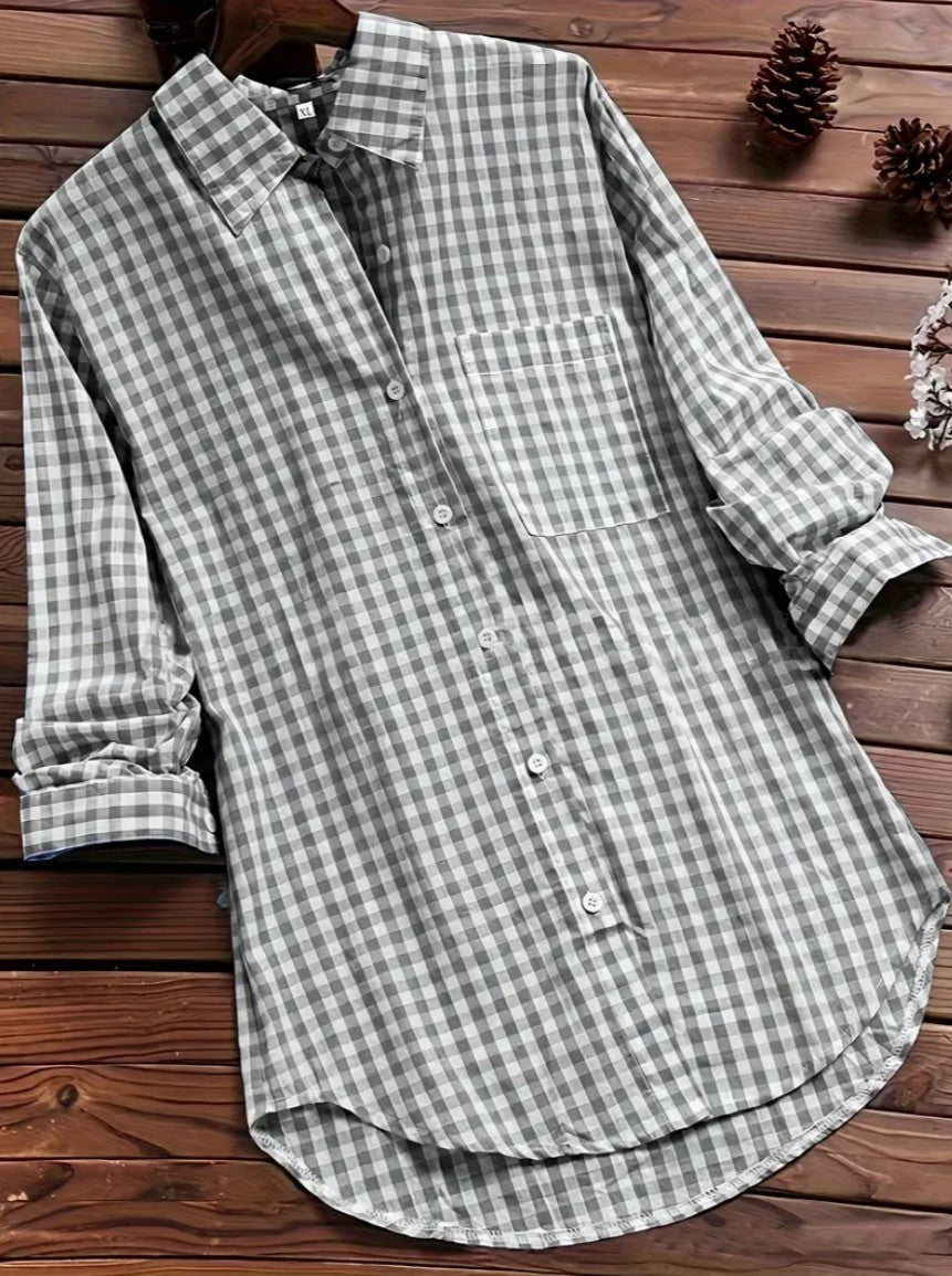 Women's Plaid Long-sleeved Shirt With Buttons For Blouses