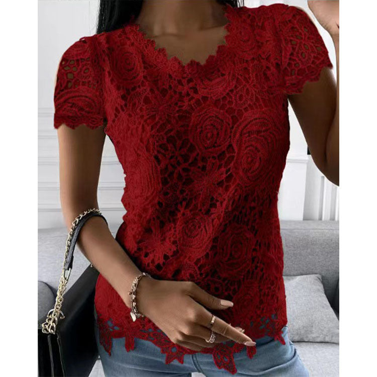 Beautiful Women's Summer Lace Shirt Short-sleeved Tops