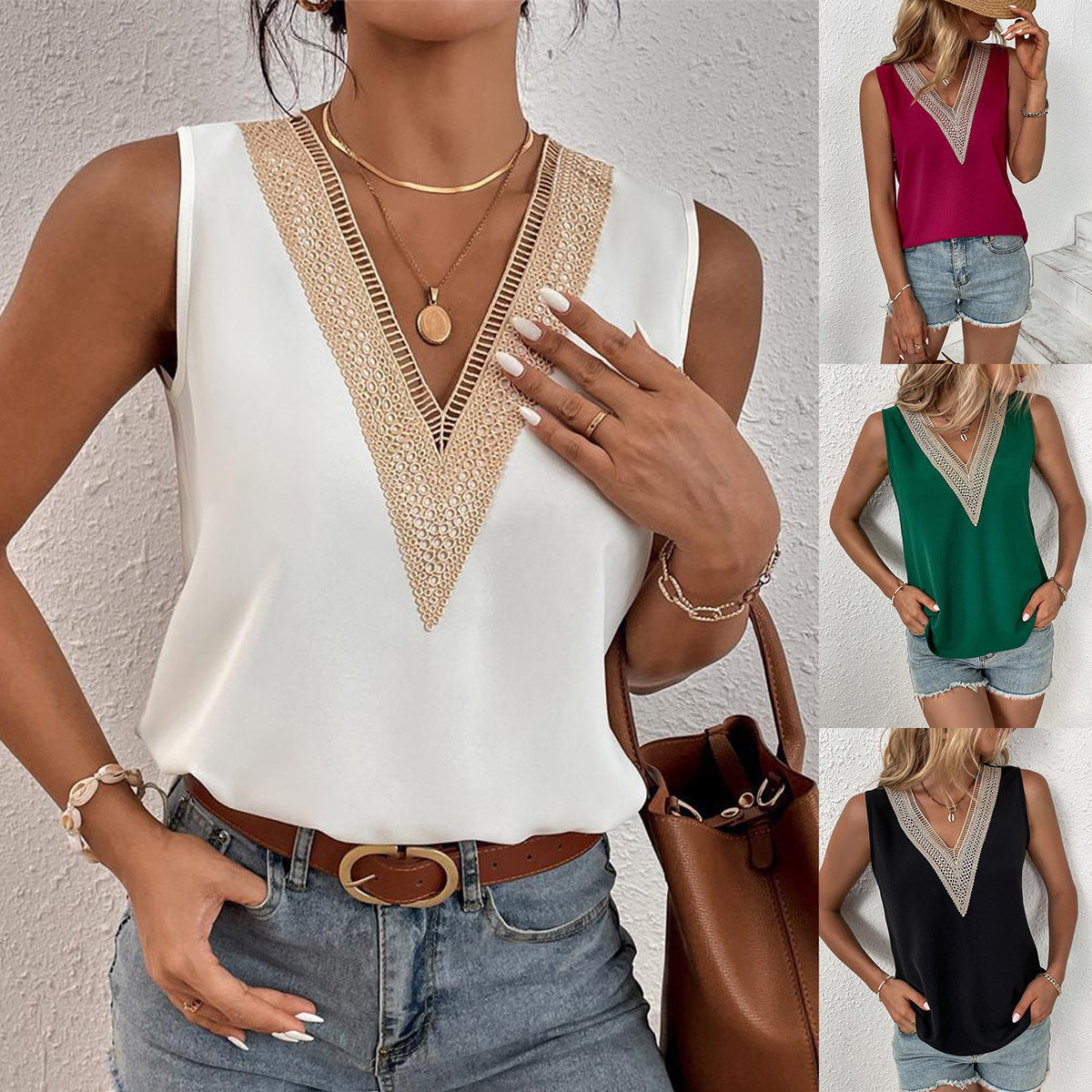 Women's Sleeveless V-neck Stitching Simple Summer Blouses