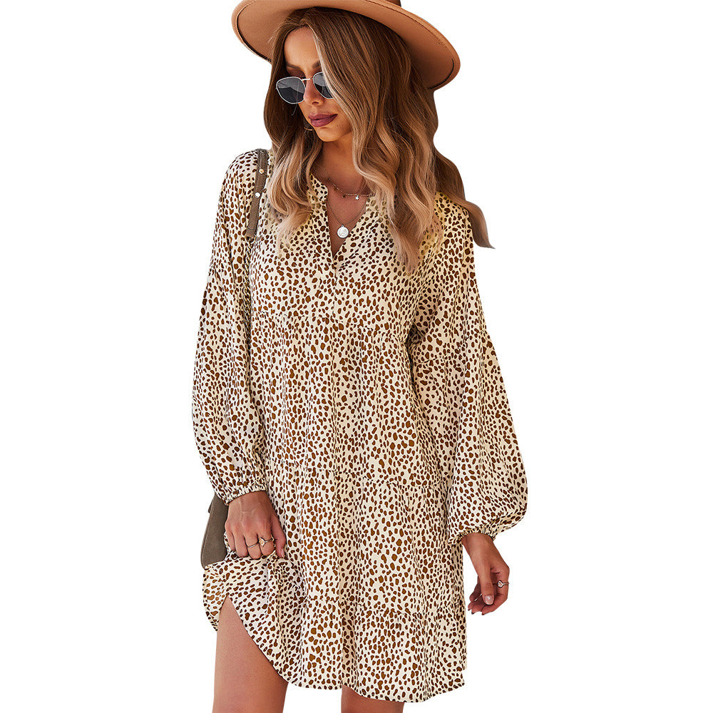 Design Loose Leopard Print Long Sleeve Casual Dresses