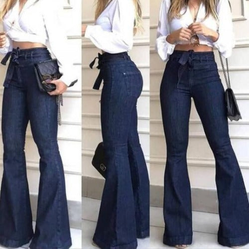 Women's High Waist Elastic Lace-up Bell-bottom Wide Jeans