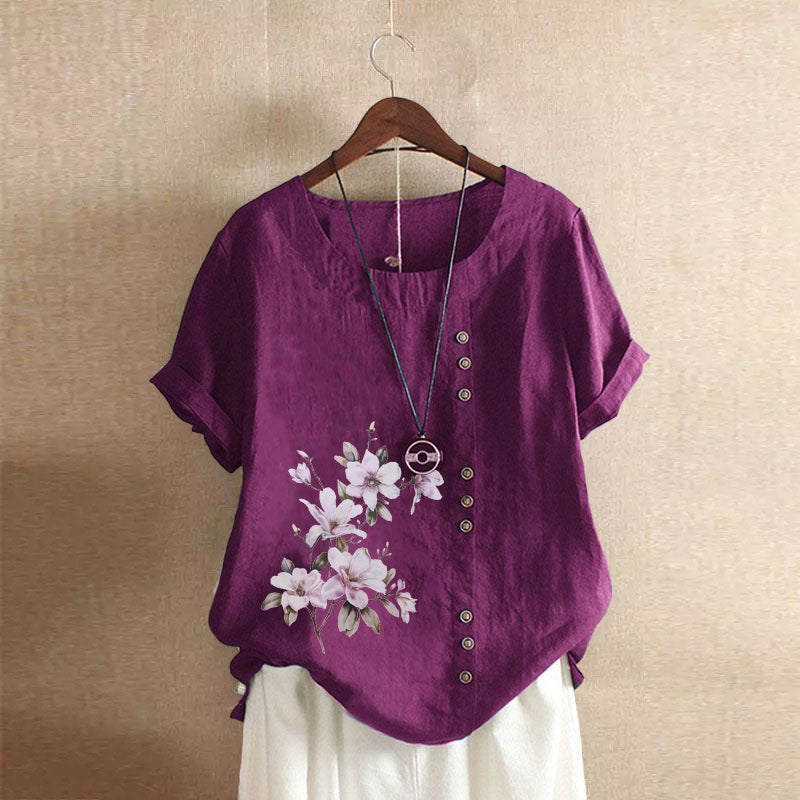 Women's Cotton Linen Retro Casual Loose Short-sleeved Blouses