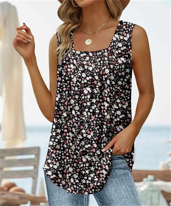 Women's Summer Sleeveless Square Collar Printed T-shirt Blouses