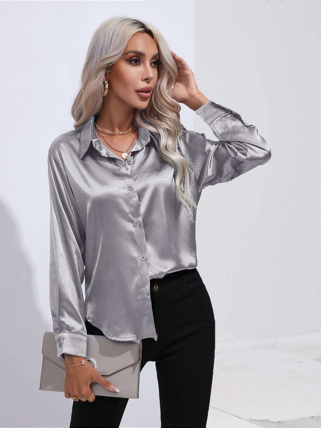 Women's Attractive Pretty Satin Shirt Long-sleeved Blouses