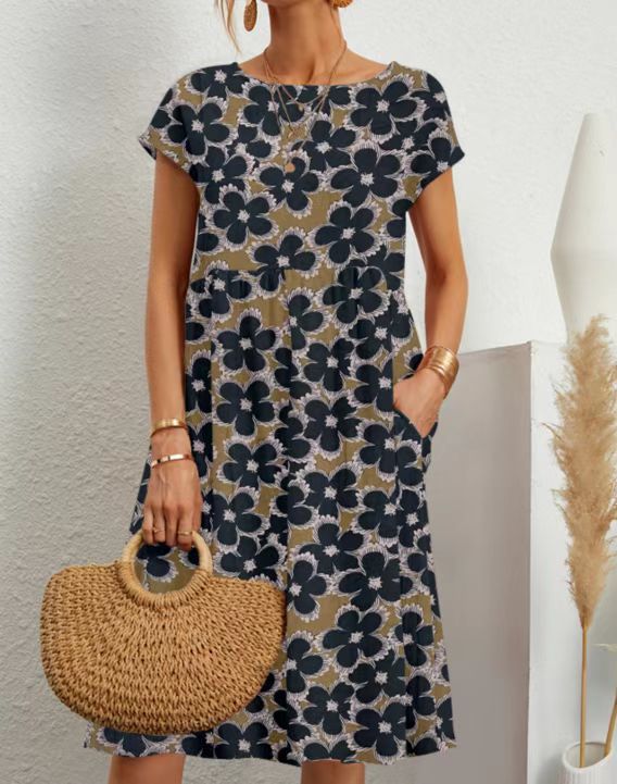 Women's And Linen Sleeveless Round Neck Printed Dresses