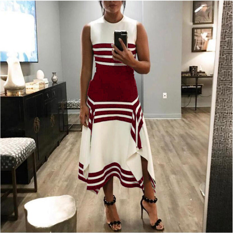 Fashion Round Neck Sleeveless Striped Printed Elegant Stitching Dresses