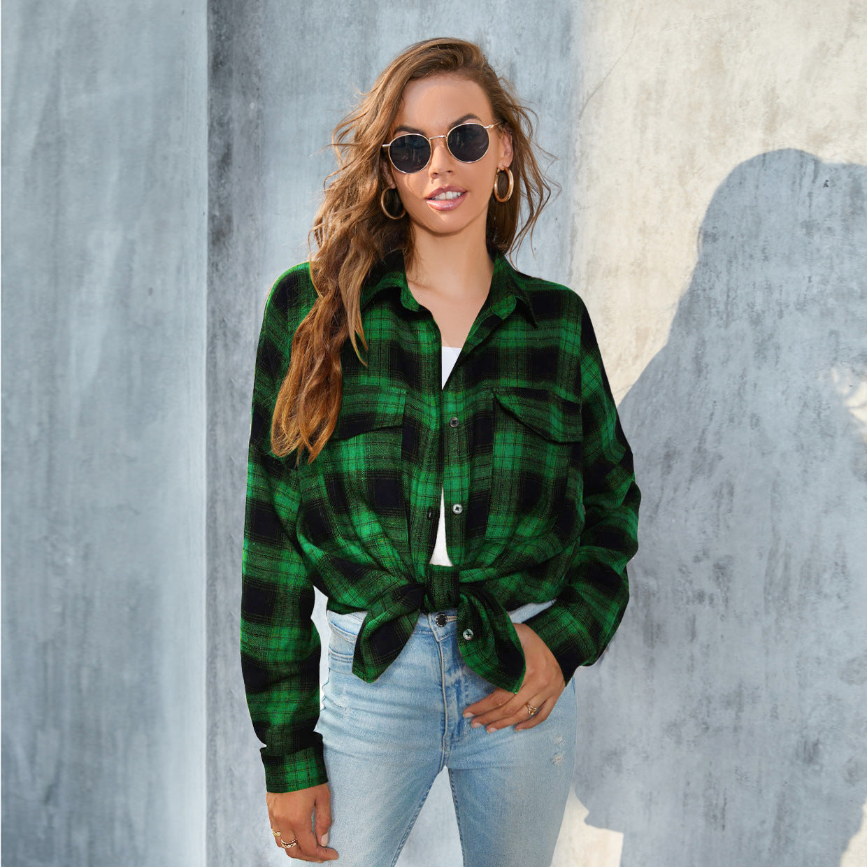 Women's Long-sleeved Plaid Button Shirt With Full Blouses