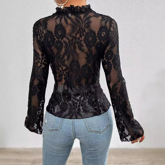 Women's Autumn Sexy Slim Long Sleeve Lace Blouses